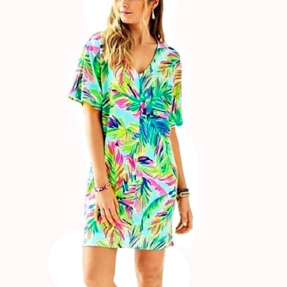 Lilly Pulitzer Tropical Print Midi Dress in Aqua, Pink, Green, Blue